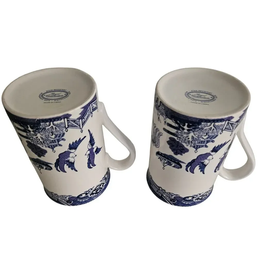 Royal Cuthbertson Blue Willow Mugs Set of 2 Blue White China